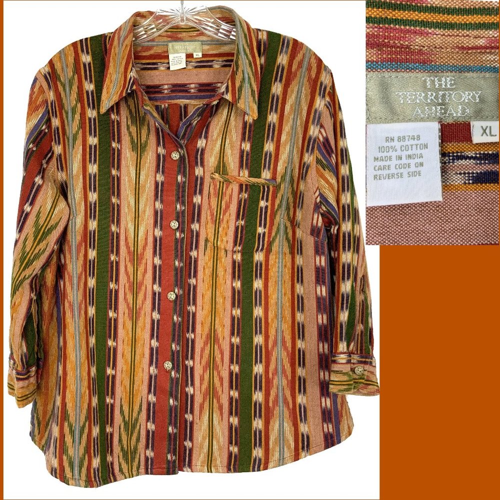 The Territory Ahead Textured Cotton Southwestern Striped Button Up Shirt Sz XL - Picture 2 of 16